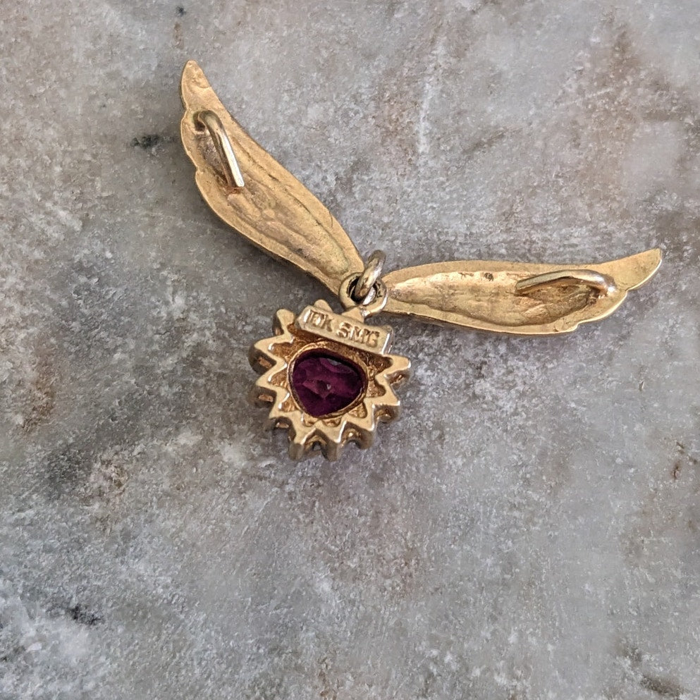 Vintage 10k Yellow Gold Heart Gem with Wings Pendant