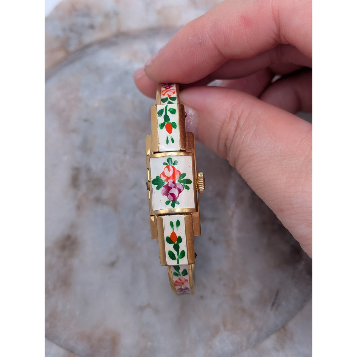 Vintage Ritma MANUAL Gold Tole Peekaboo Dainty Watch White Enamel And Flowers