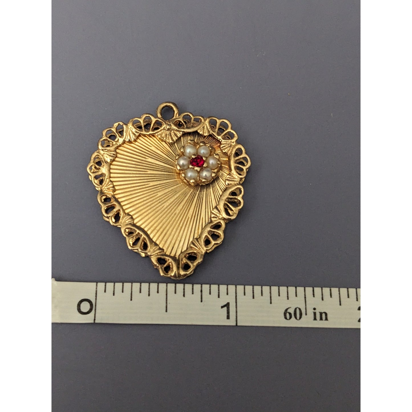 Vintage 14k Solid Yellow Gold with Pearls and Red Gem Flower Heart Pendant