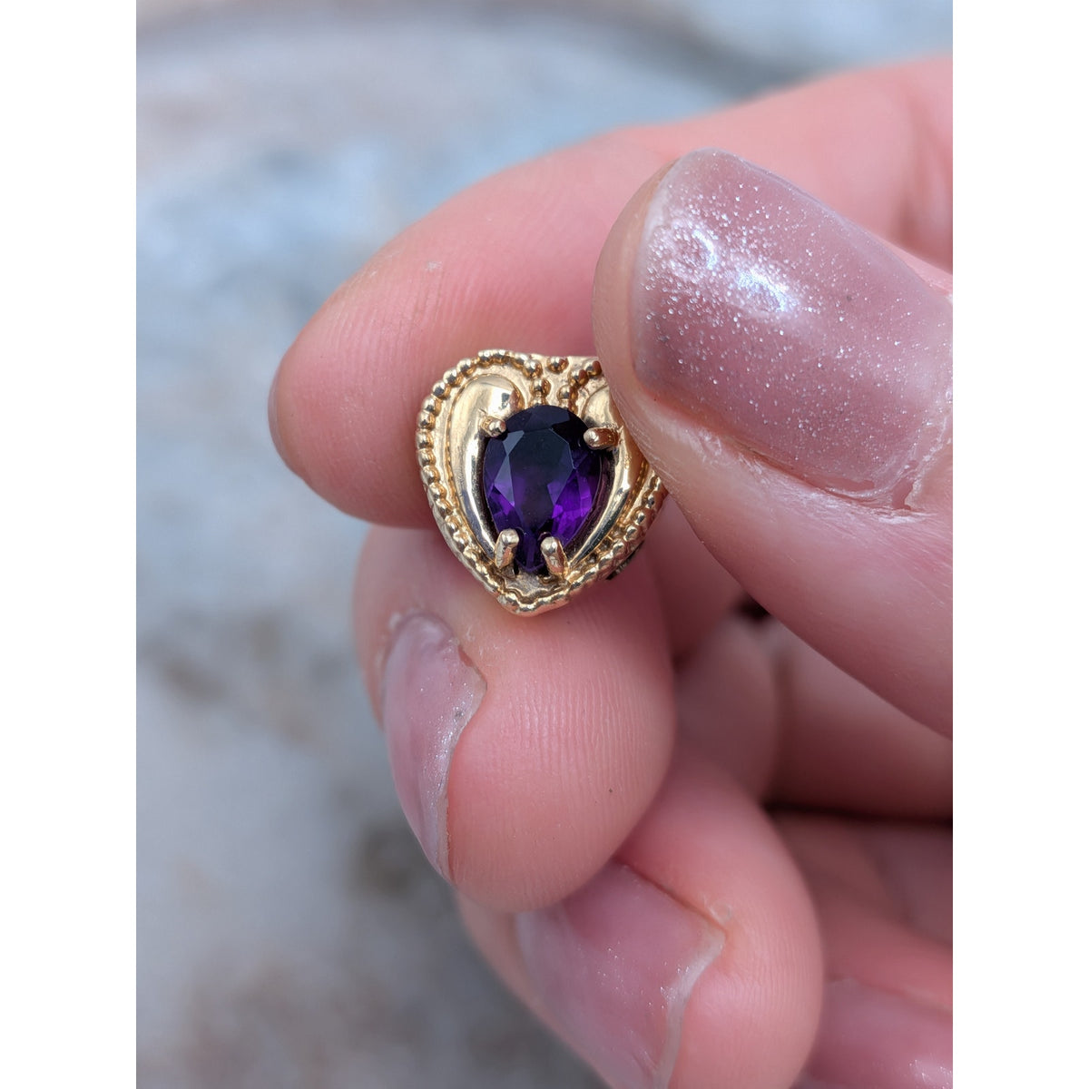 Vintage Old Victoria 14k Gold Heart Bracelet Slide Charm Purple Stone