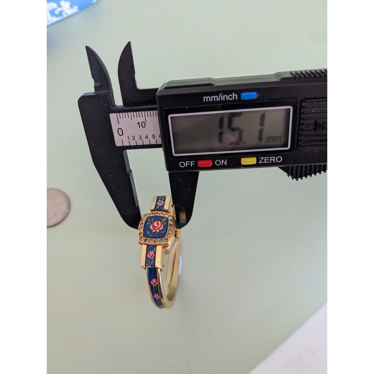 Vintage Chandler Gold Tone Metal with Blue Enamel Floral Watch