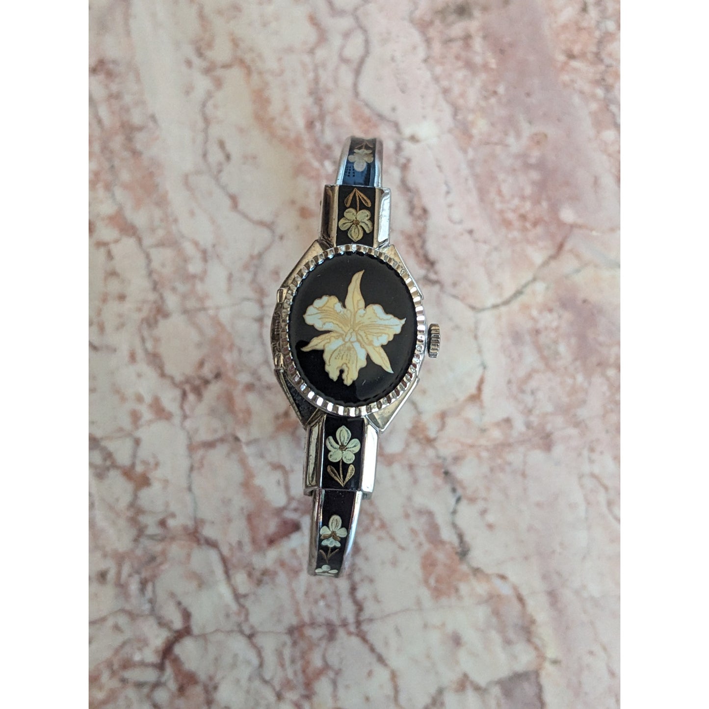 Vintage Andre Mouche Silver Tone Bangle Watch Black Enamel Cream Flowers