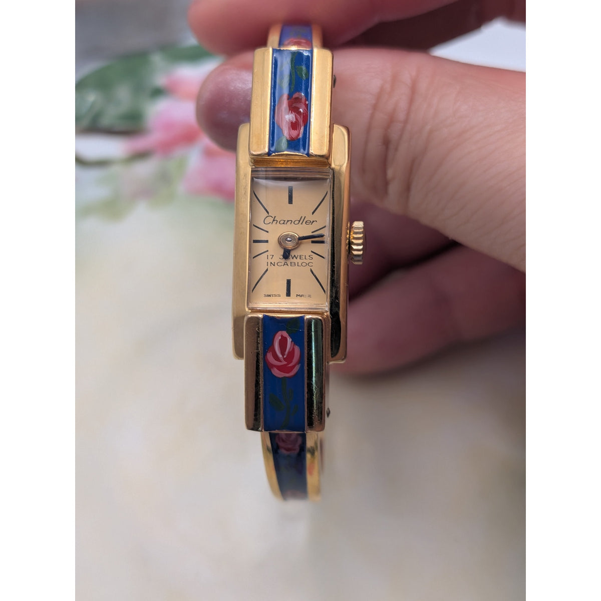 Vintage Chandler 17 Jewel Gold Tone Manual Watch Blue Enamel Red Painted Flowers