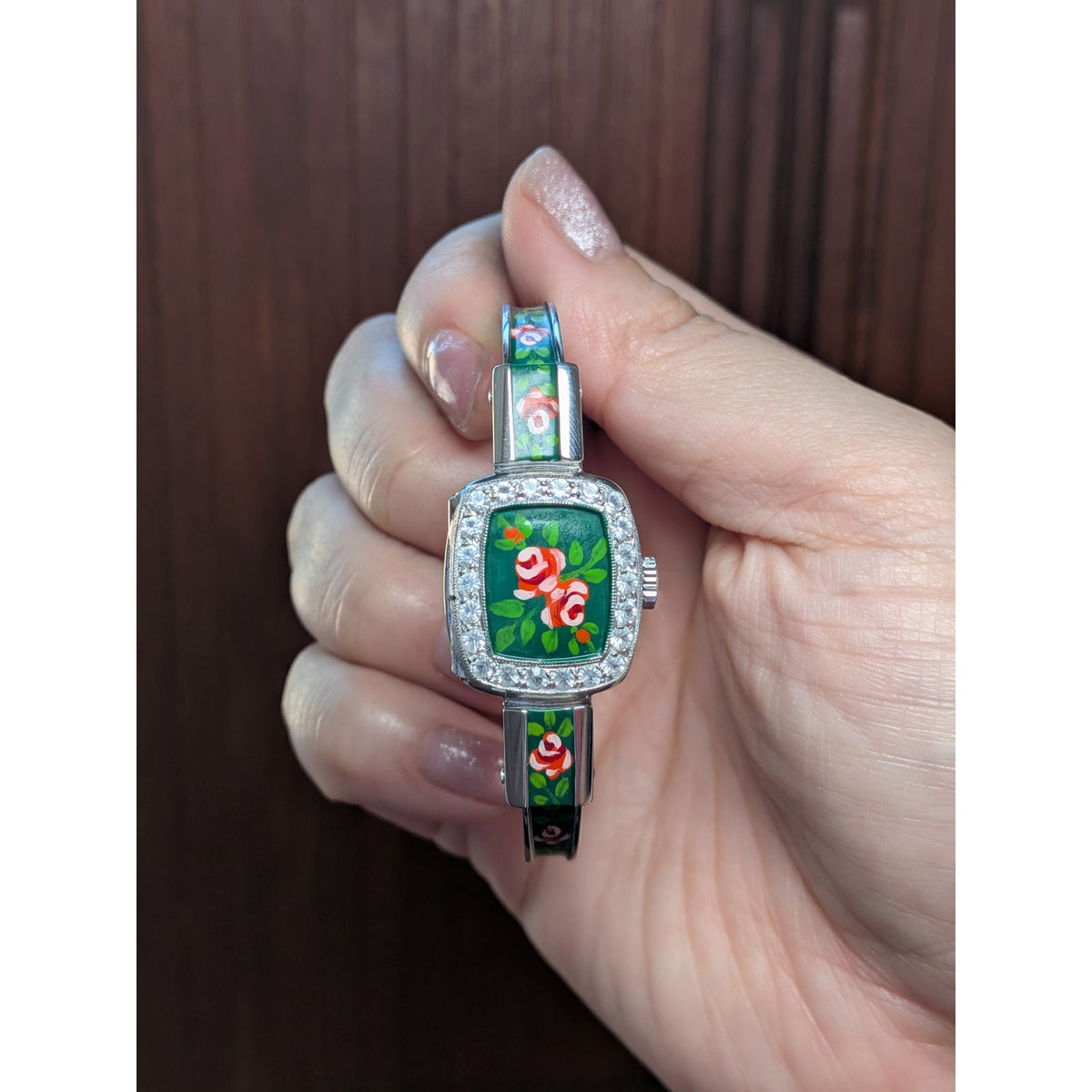 Vintage Chandler MANUAL Silver Tone Peekaboo Watch Dark Green Enamel & Flowers