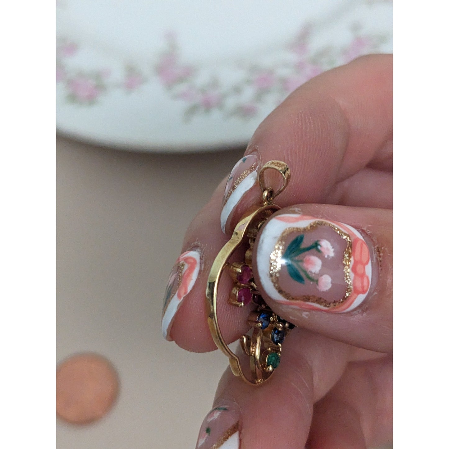 Estate 14k Yellow Gold Pink and Blue Gem Flowers Pendant