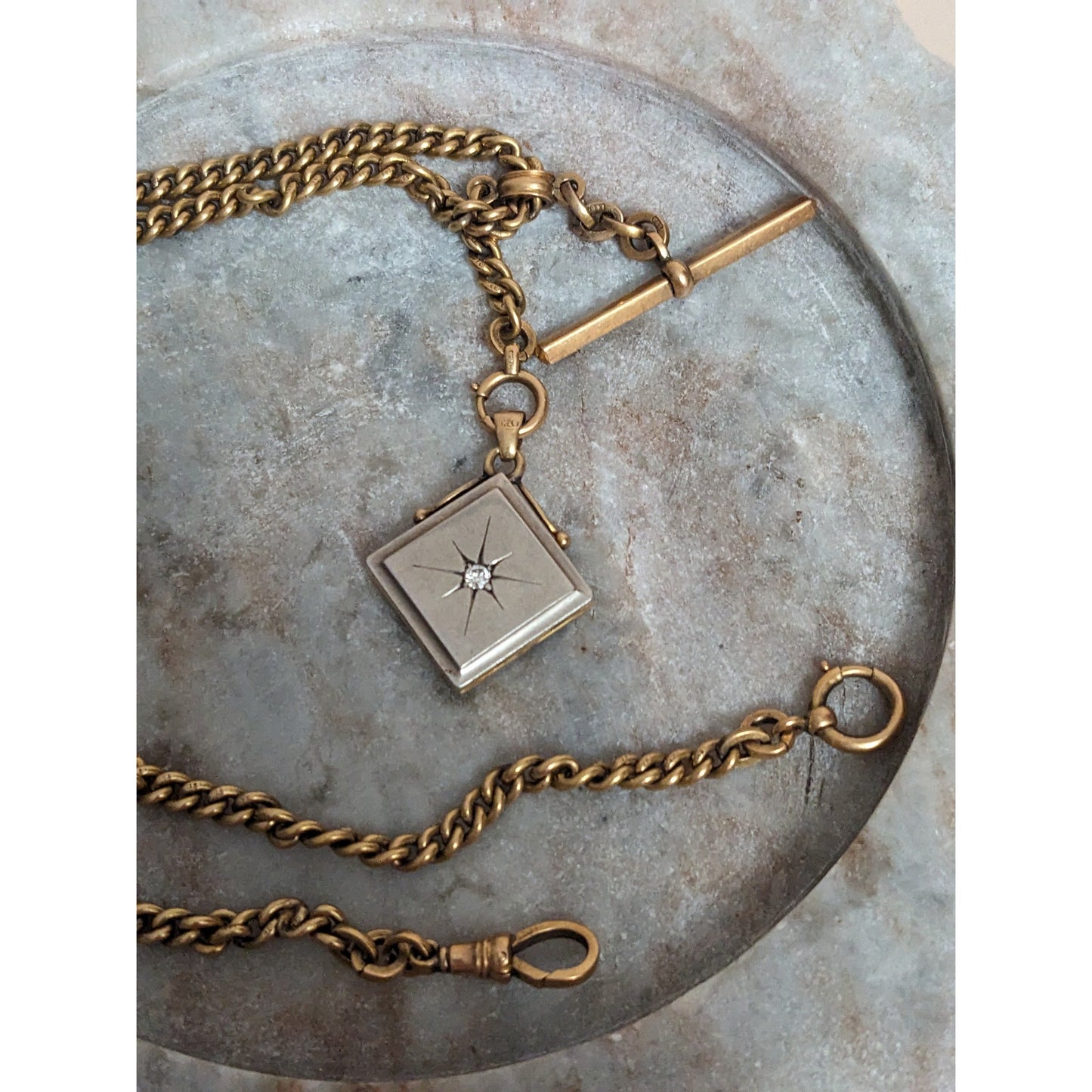 Vintage 18k Yellow Gold Watch Chain with White Gem Locket and T Bar