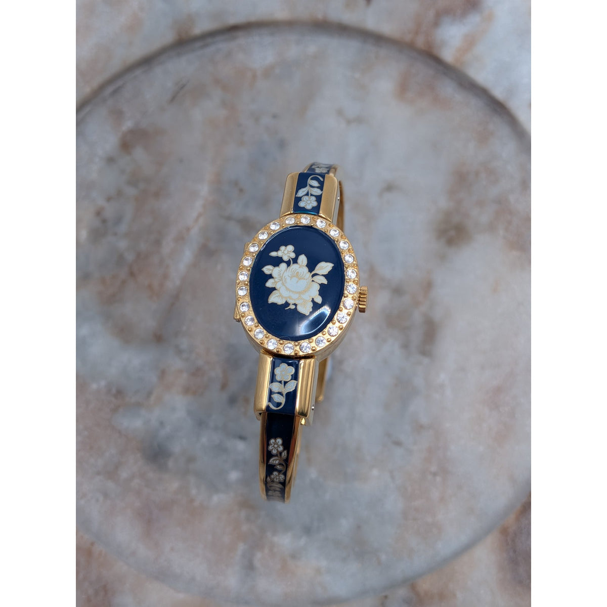 Vintage Andre Mouche Gold Tone Peekaboo Watch Blue Enamel White Flowers in Box