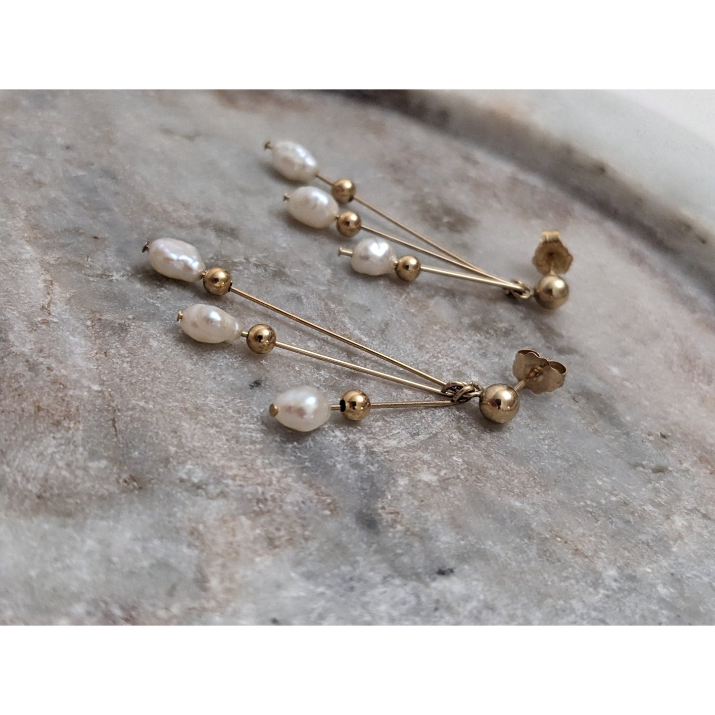 Vintage 14k Yellow Gold 3-Tier Dangle Freshwater Pearl Earrings