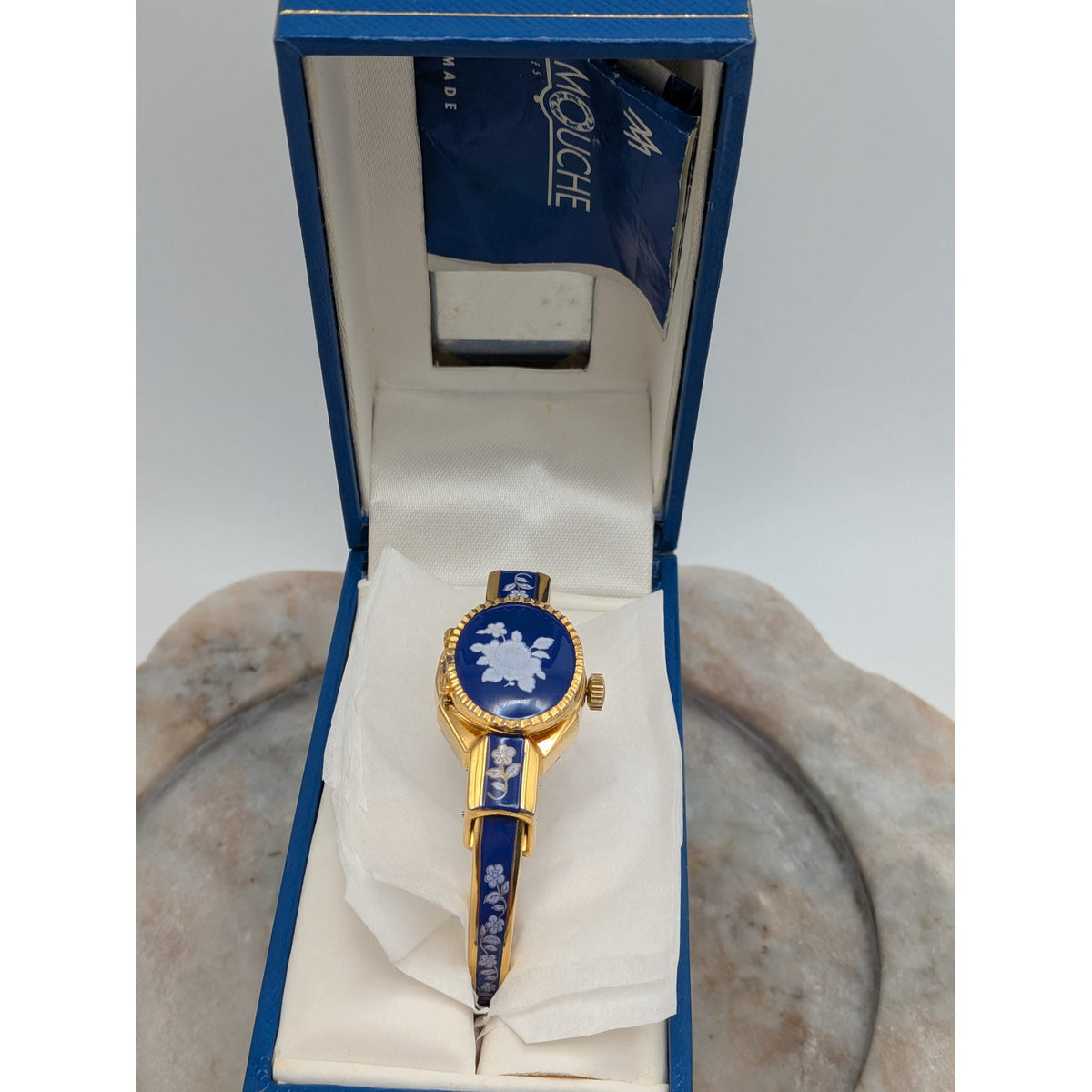 Vintage Andre Mouche Gold Tone Peekaboo Watch Dark Blue Enamel White Flowers