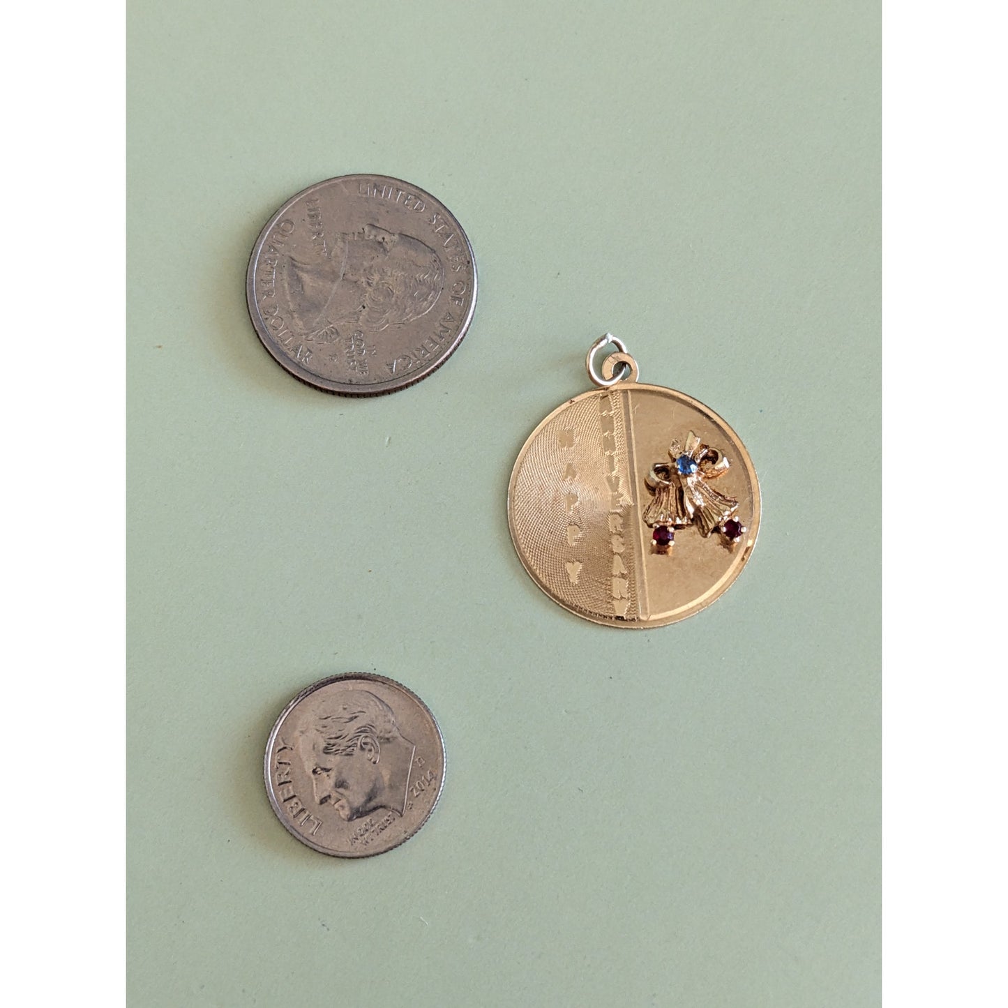 Vintage MCM 14k Yellow Gold Happy Anniversary Bells Pendant