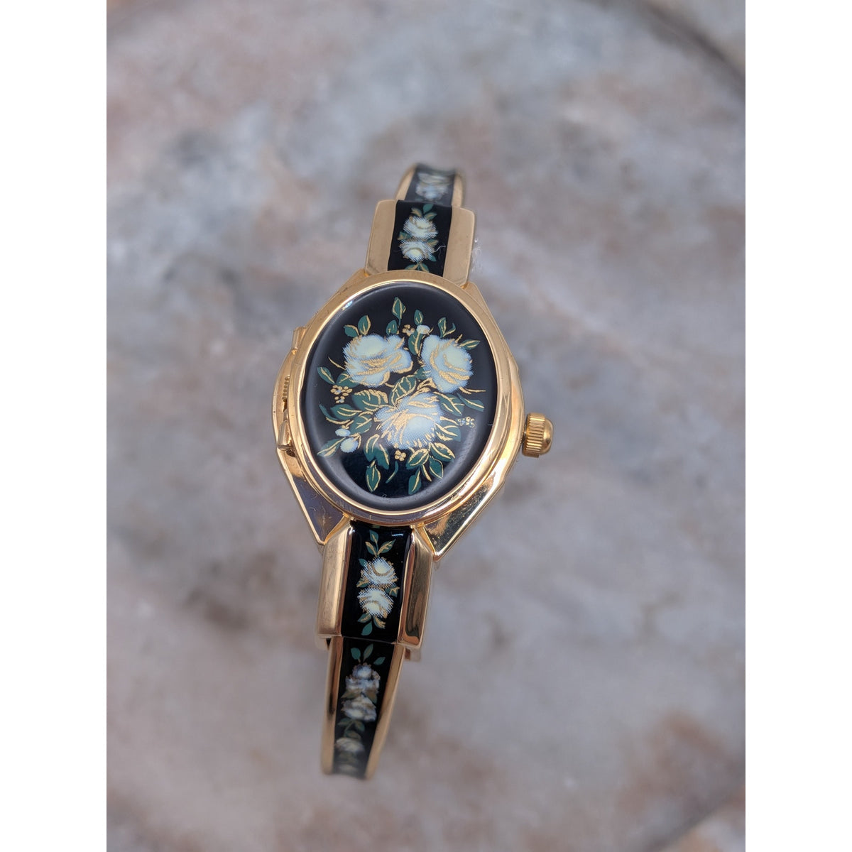 Preowned Andre Mouche 2000s Gold Tone Peekaboo Watch Black Enamel White Flowers