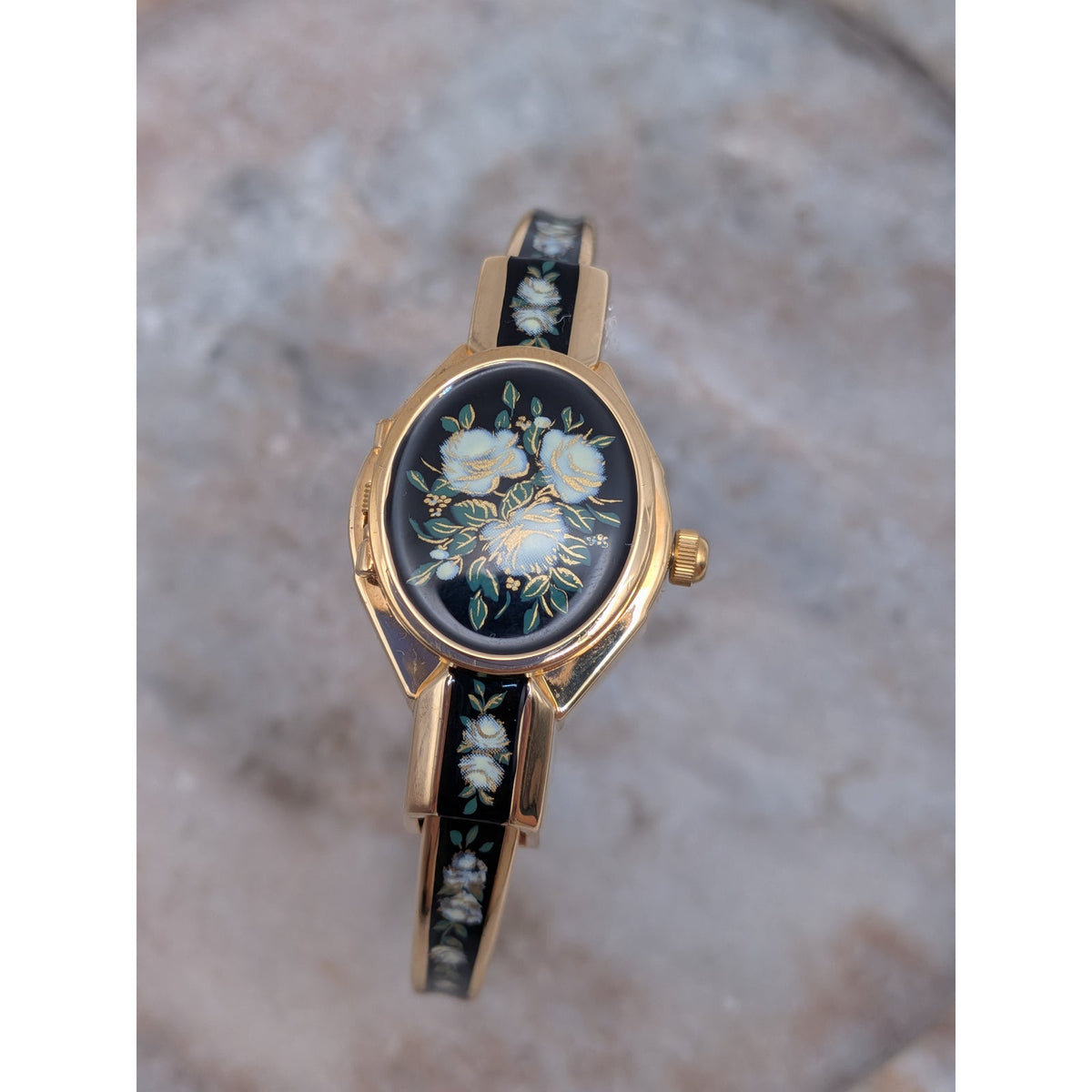 Preowned Andre Mouche 2000s Gold Tone Peekaboo Watch Black Enamel White Flowers