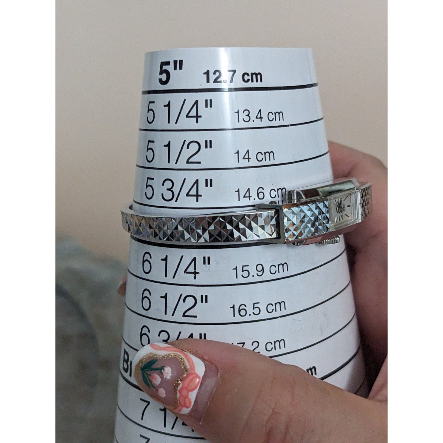 Vintage Andre Mouche Silver Tone Bangle Watch with Blue Floral Enamel Working