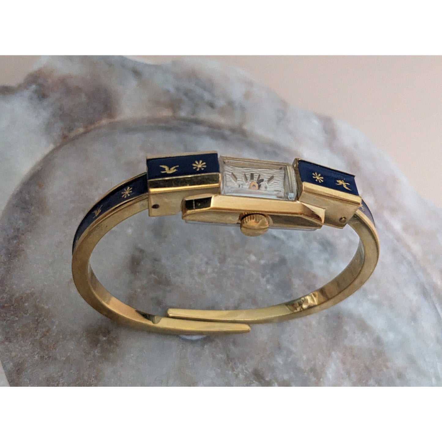 Vintage Andre Mouche Silver Tone Bangle Watch with Blue Floral Enamel Working