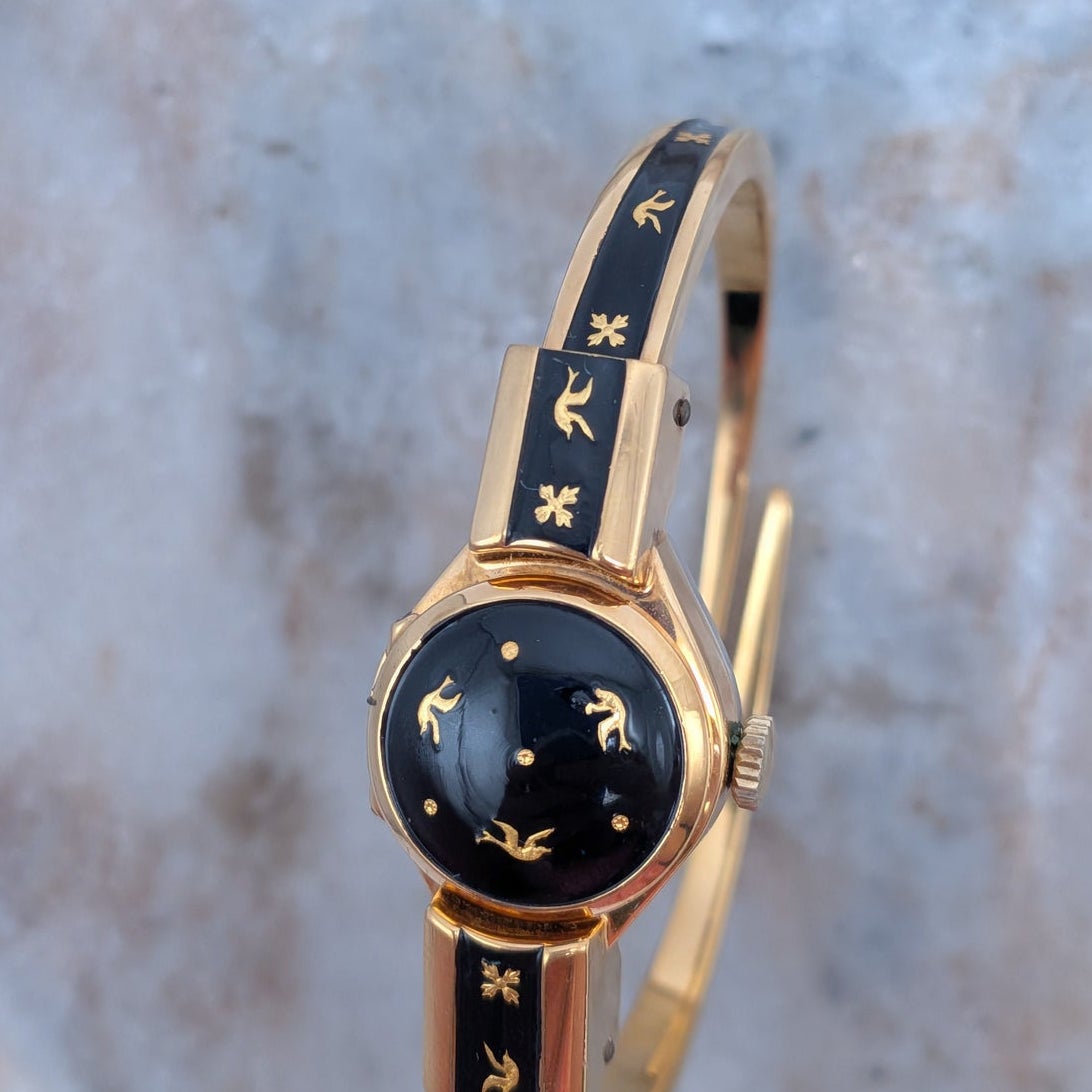 Vintage Consul MANUAL Gold Tone Peekaboo Watch Black Enamel Gold Birds & Flowers