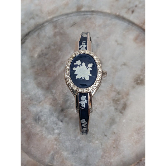 Vintage Andre Mouche Silver Tone Peekaboo Watch DEEP BLUE Enamel White Flowers