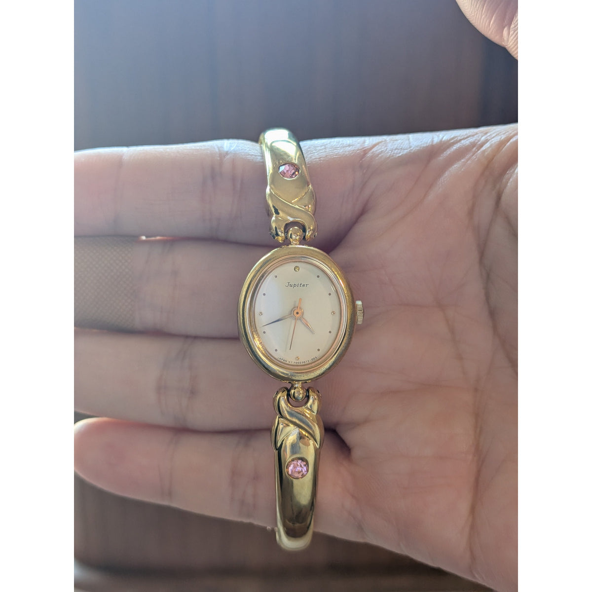 Vintage Orient Jupiter Quartz Gold Tone Watch with Pink Stones and Heart Links