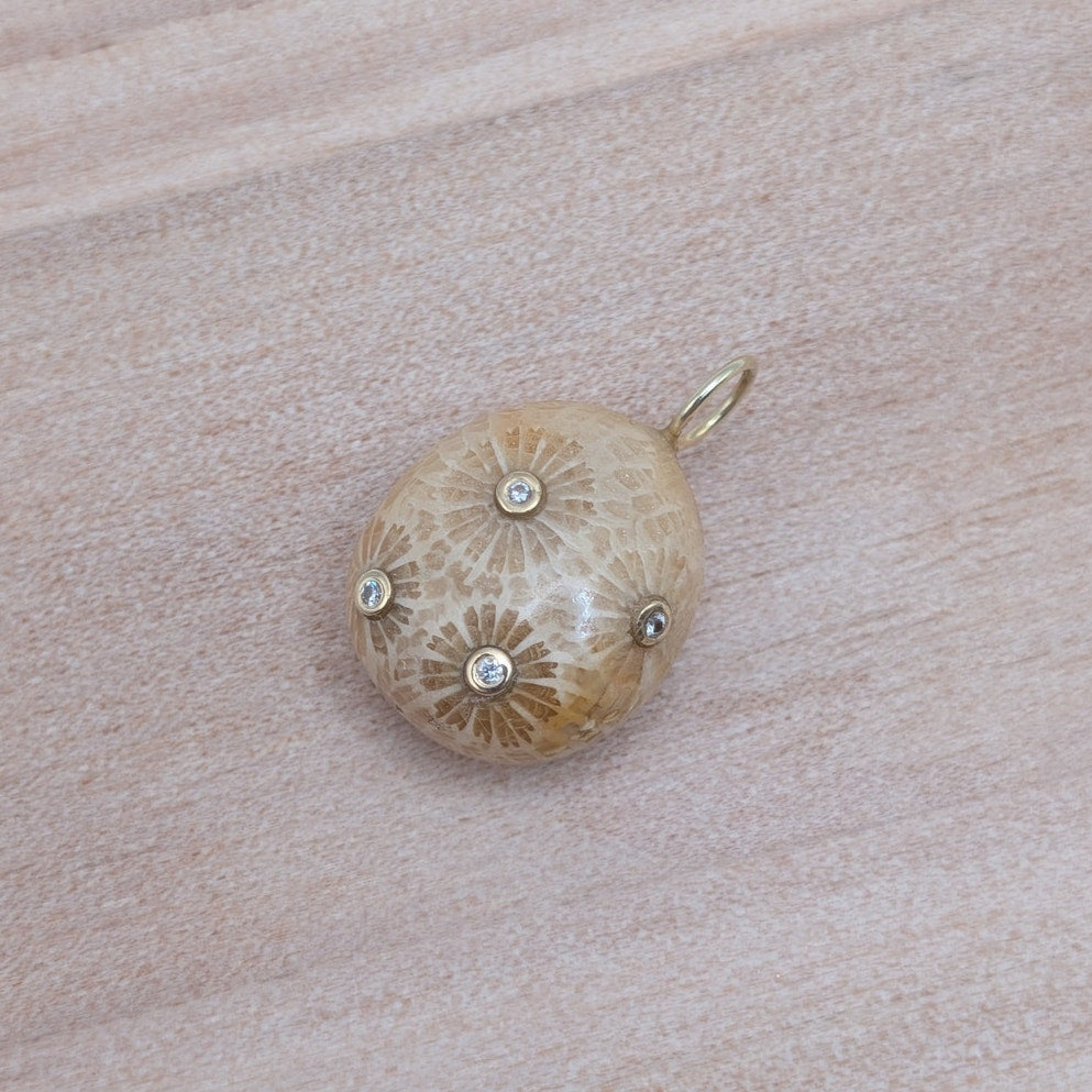 Carved Fossil Coral Pendant in Solid 14K Gold with Natural Diamonds Pendant