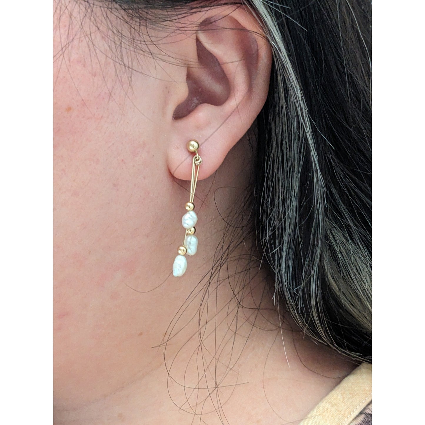 Vintage 14k Yellow Gold 3-Tier Dangle Freshwater Pearl Earrings