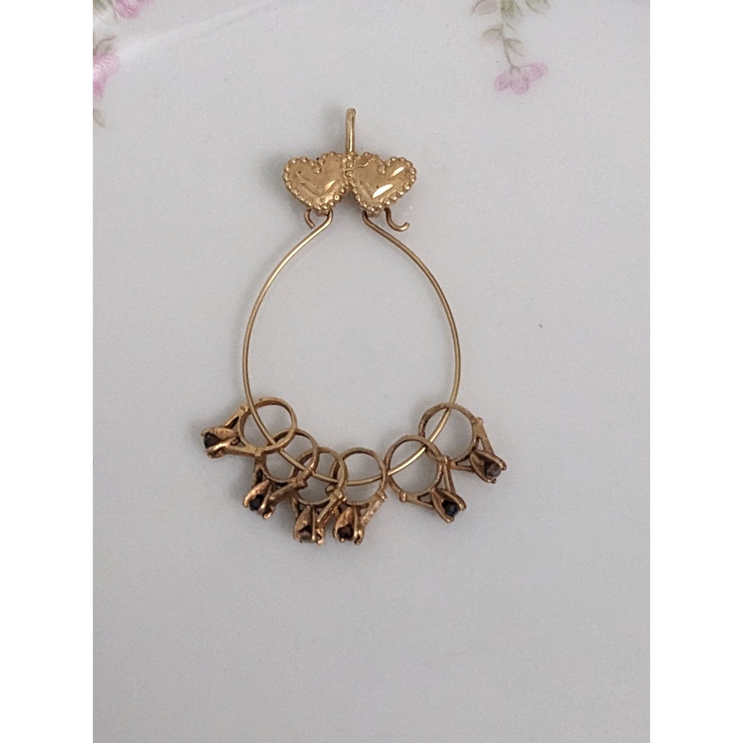 Vintage 14k Gold Double Hearts Charm Holder Pendant with 6 Mini Ring Charms