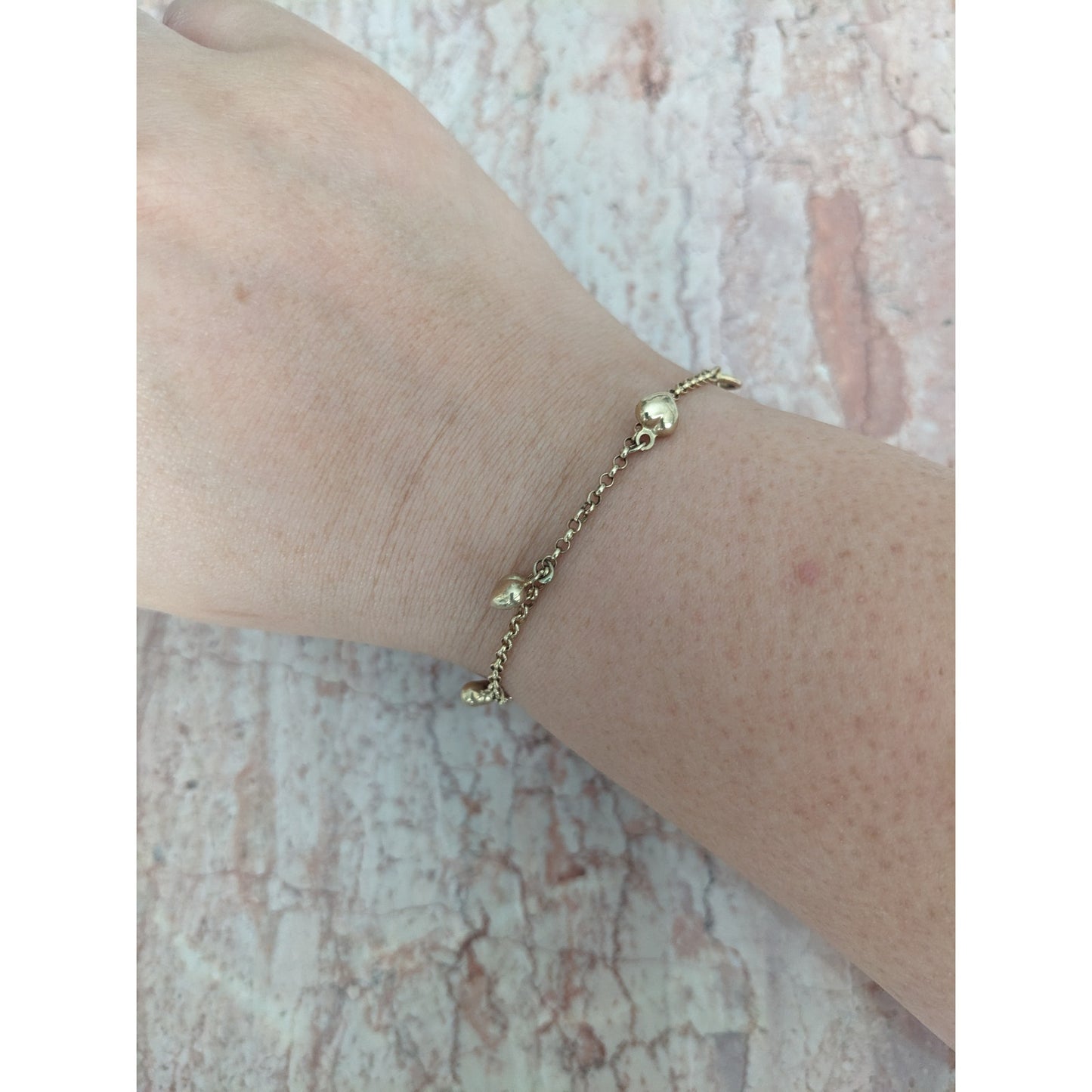 Vintage 14k Yellow Gold Dangle Heart Charm Bracelet 7.25in