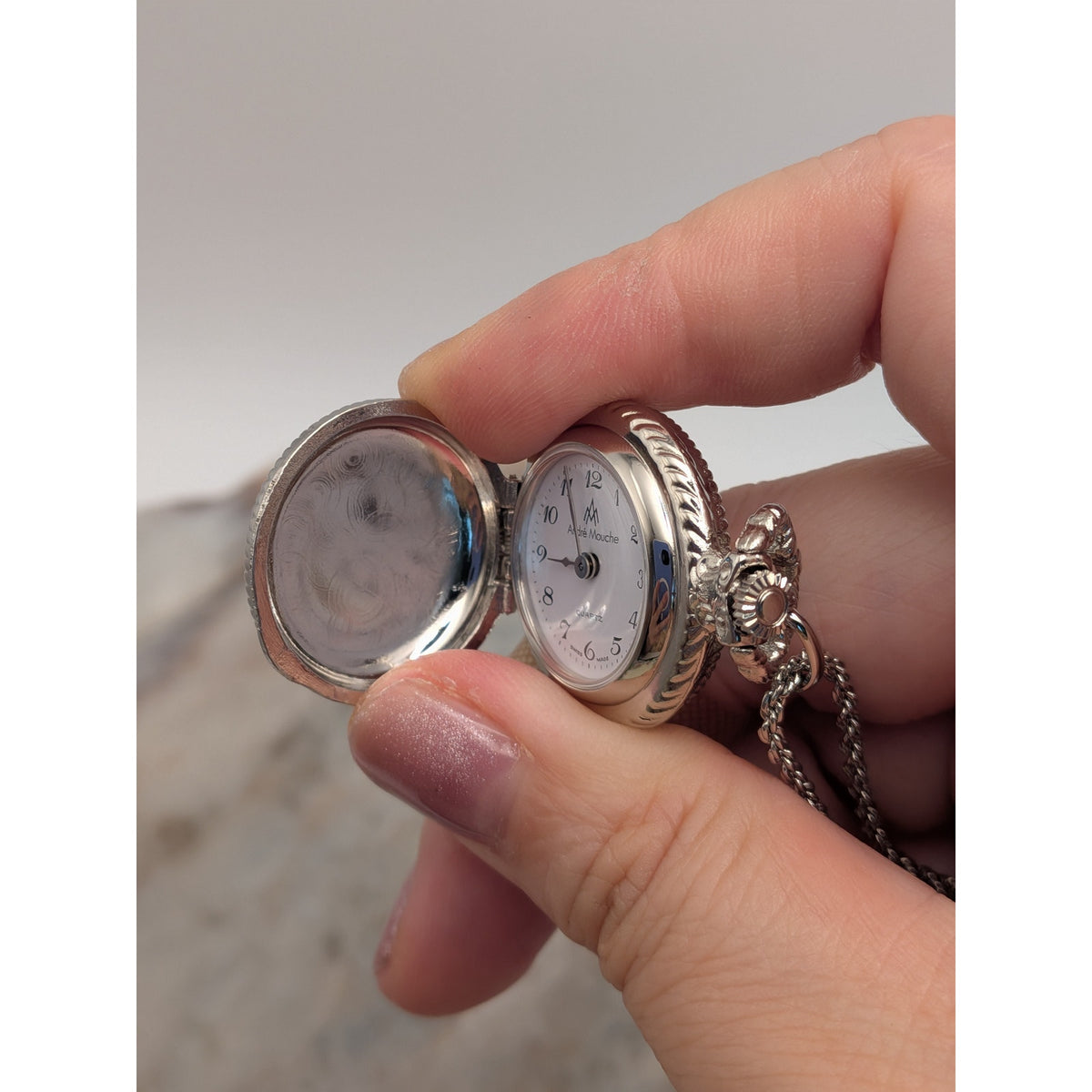 Vintage Andre Mouche Silver Tone Pendant Watch Necklace Grey Enamel Blue Flowers