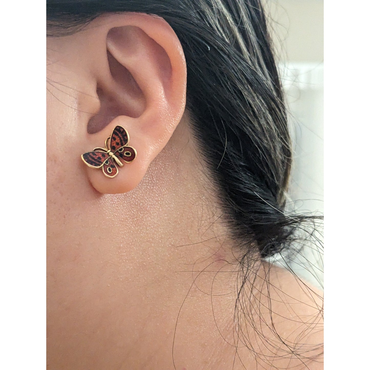 Vintage 14k Yellow Gold Butterfly Enamel Red and Black Stud Earrings