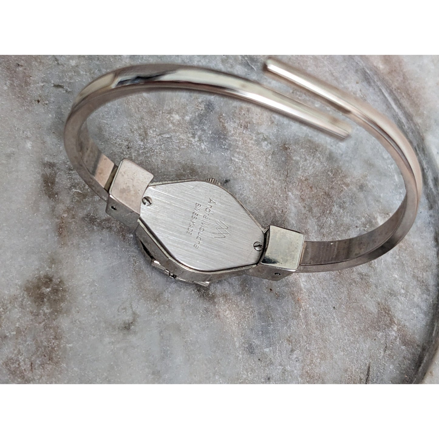 Andre Mouche Silver Tone Peek a Boo Watch Blue Floral Enamel White Gems Working