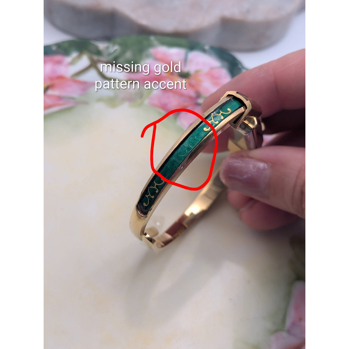 FLAW Vintage Bucherer Gold Tone Bangle Watch Green Enamel Gold Pattern Accent