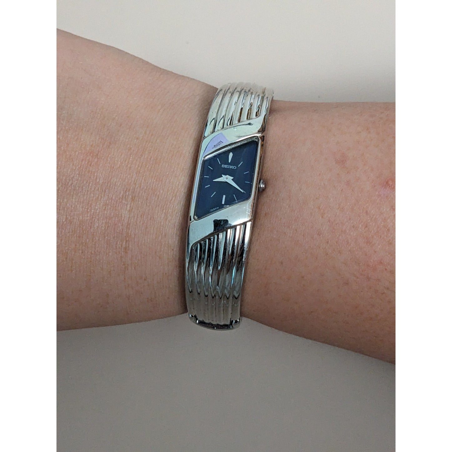 Vintage Andre Mouche Silver Tone Bangle Watch with Blue Floral Enamel Working