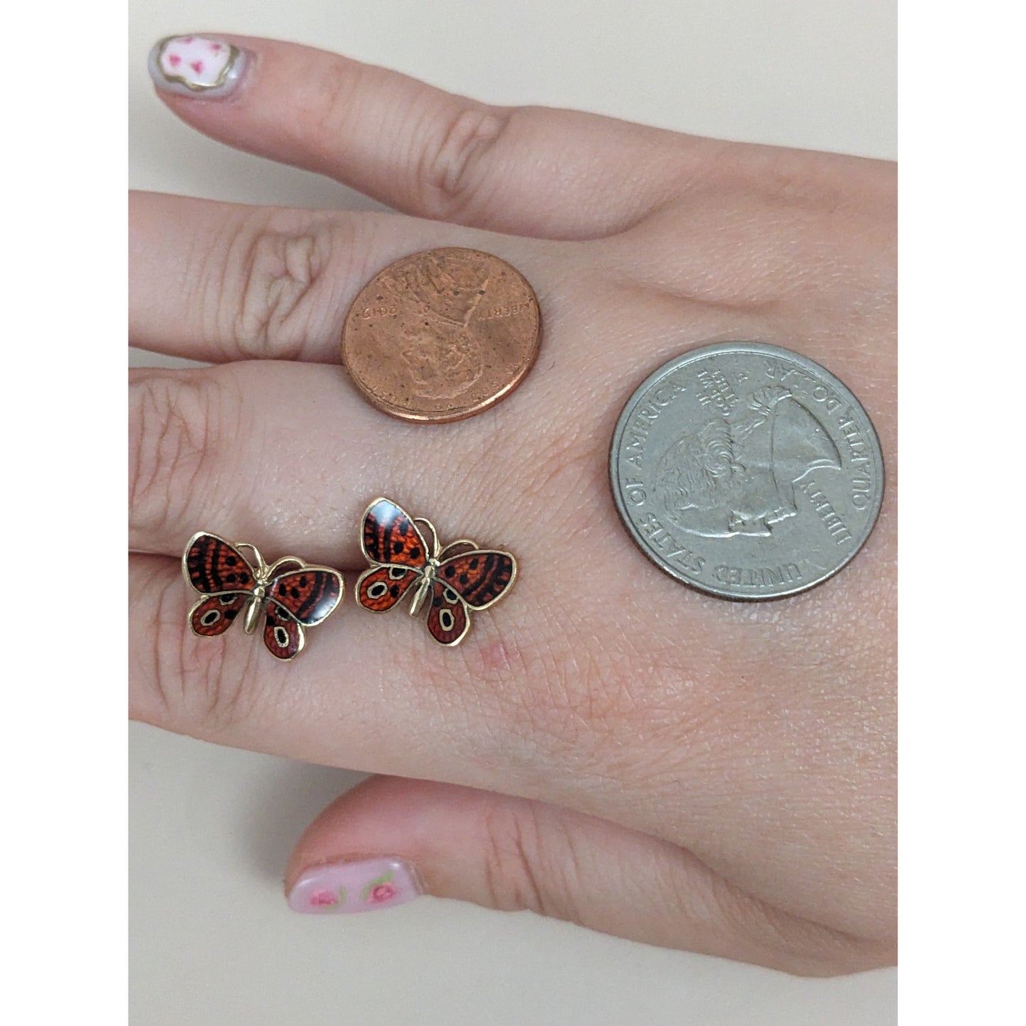 Vintage 14k Yellow Gold Butterfly Enamel Red and Black Stud Earrings