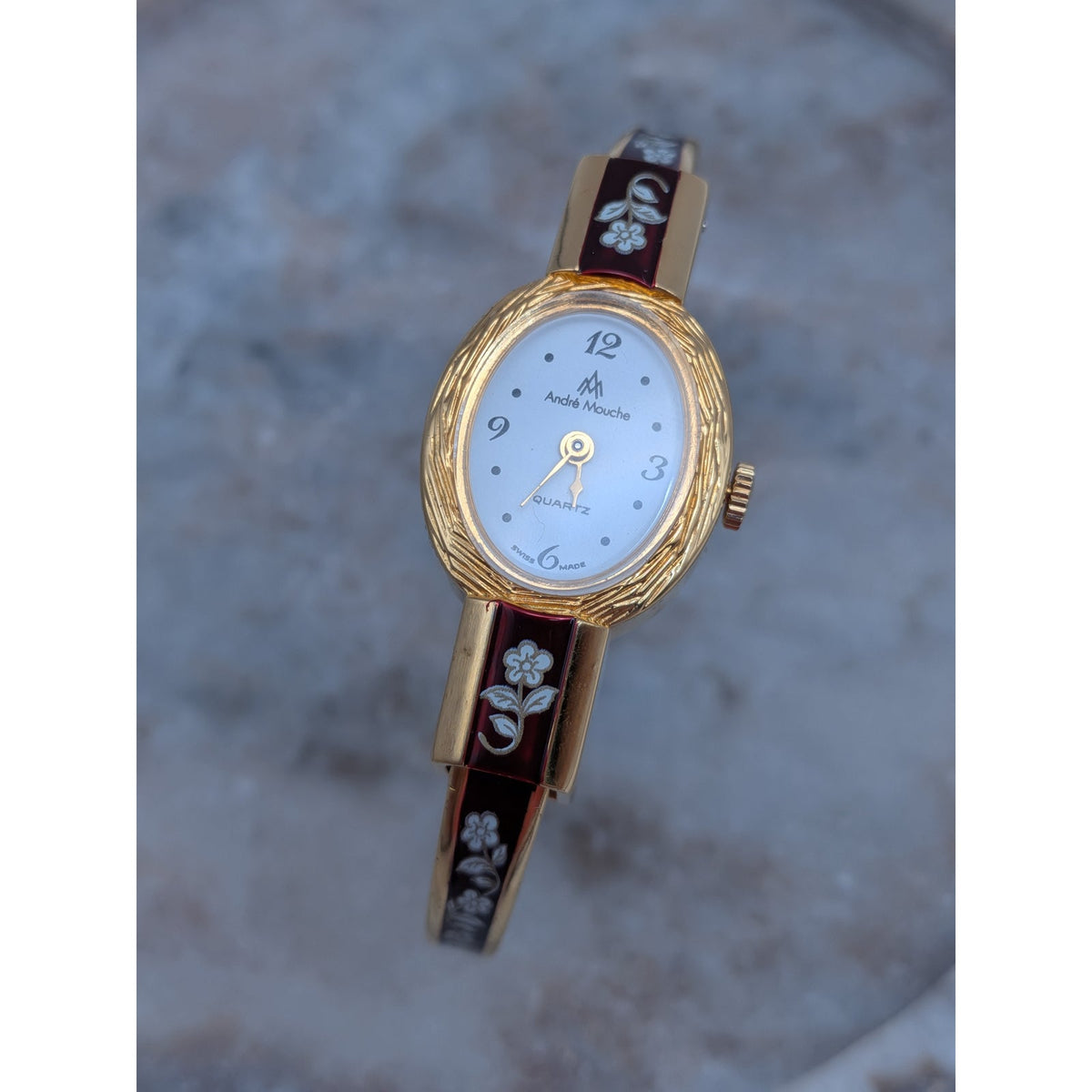 Vintage Andre Mouche Gold Tone Bangle Watch Reddish Brown Enamel White Flowers