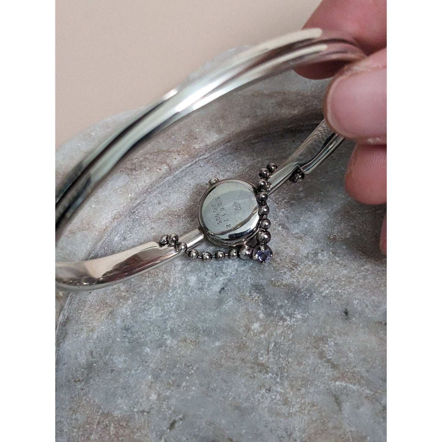 Vintage Andre Mouche Silver Tone Bangle Watch with Blue Floral Enamel Working