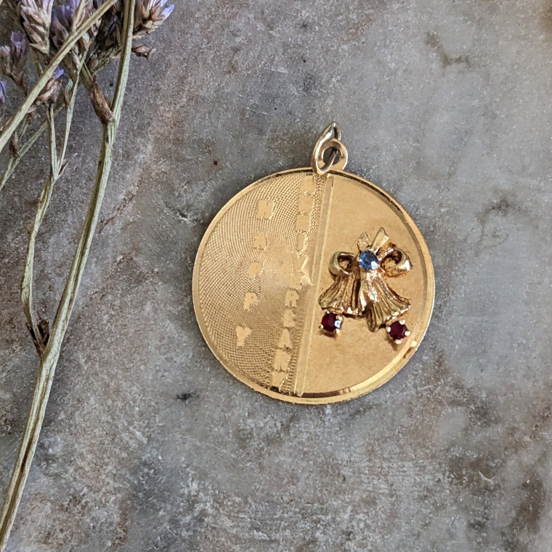 Vintage MCM 14k Yellow Gold Happy Anniversary Bells Pendant
