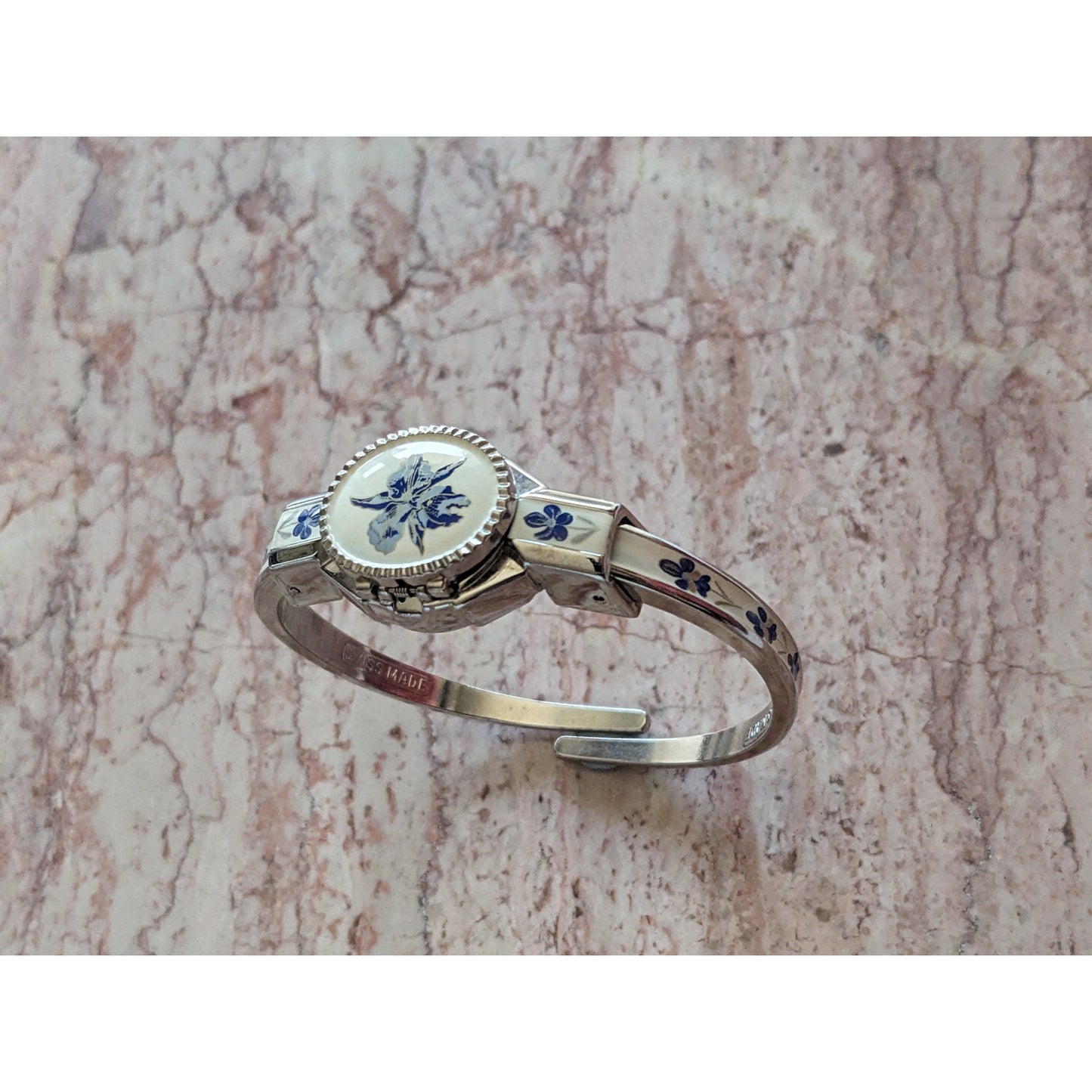 Vintage Andre Mouche Silver Tone Bangle Watch White Enamel Blue Flowers