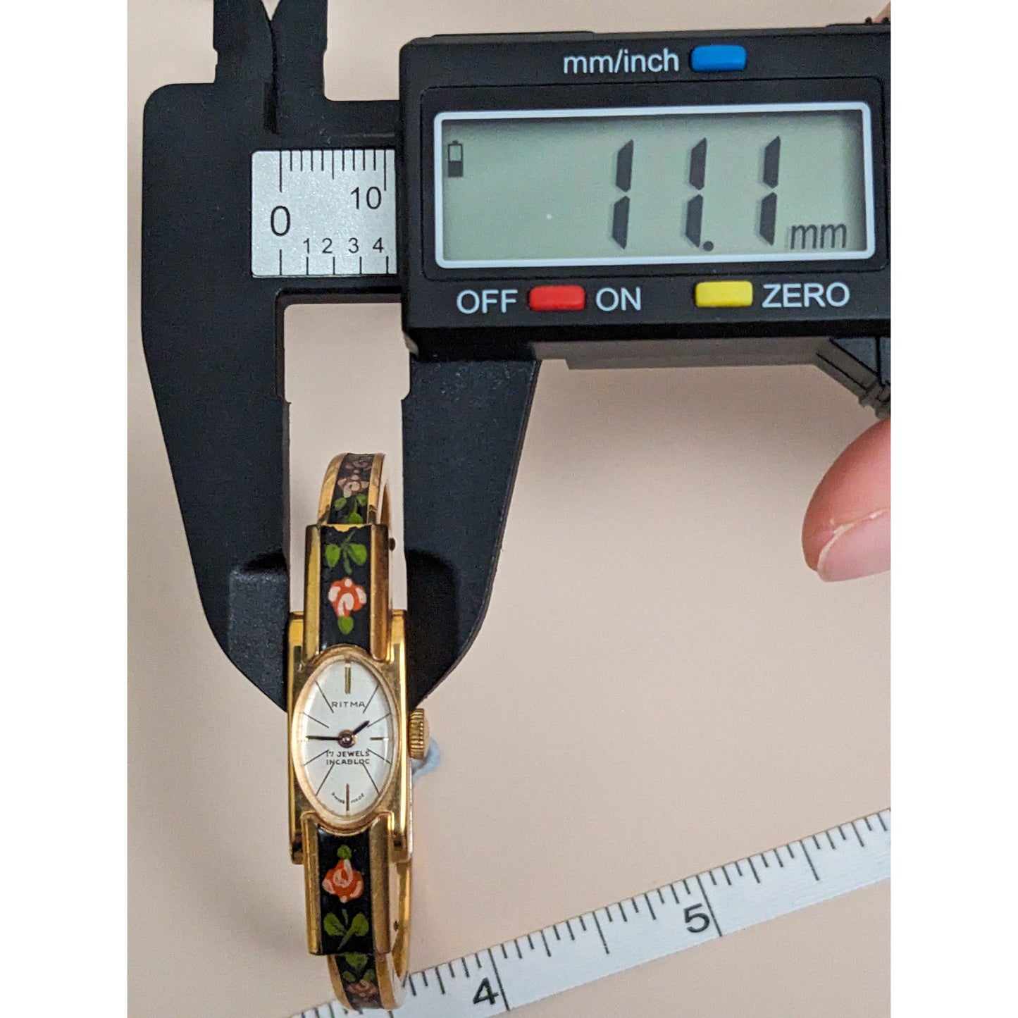 Vintage Andre Mouche Silver Tone Bangle Watch with Blue Floral Enamel Working