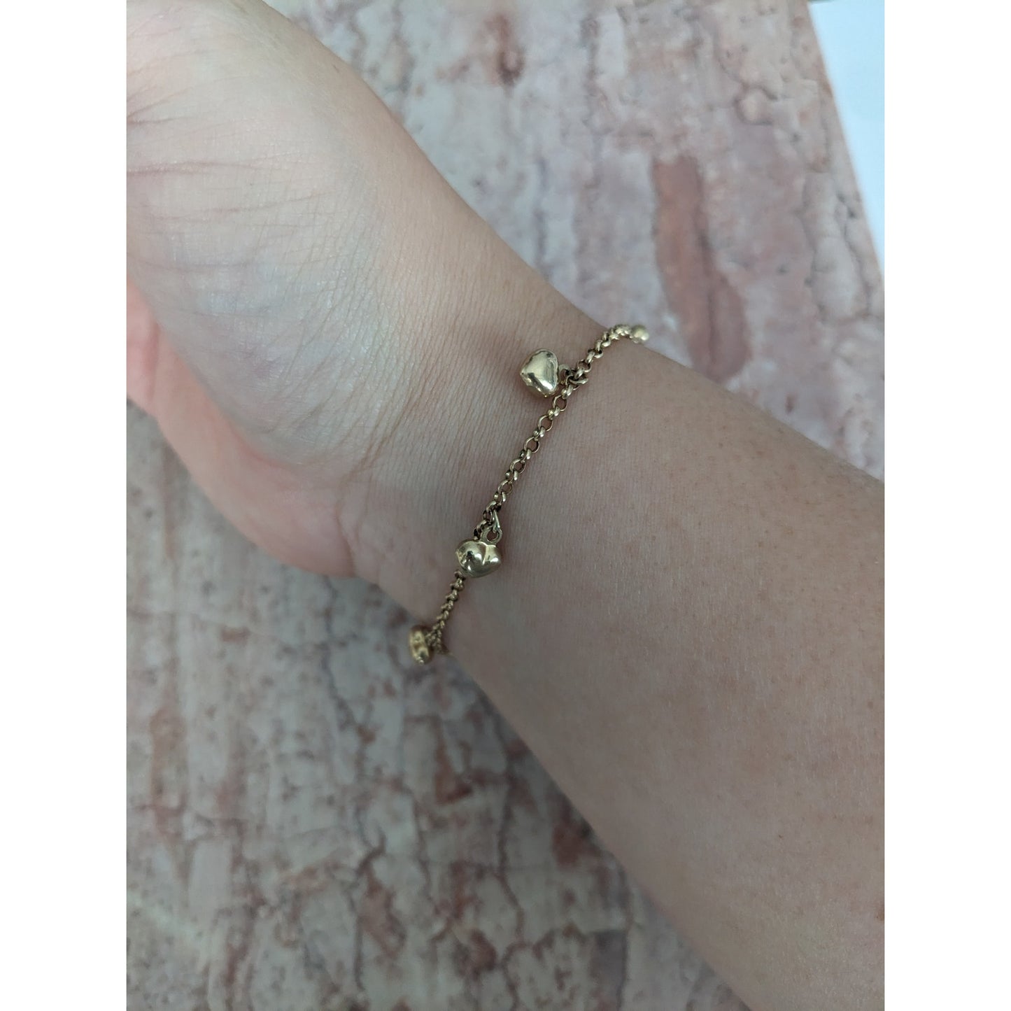 Vintage 14k Yellow Gold Dangle Heart Charm Bracelet 7.25in