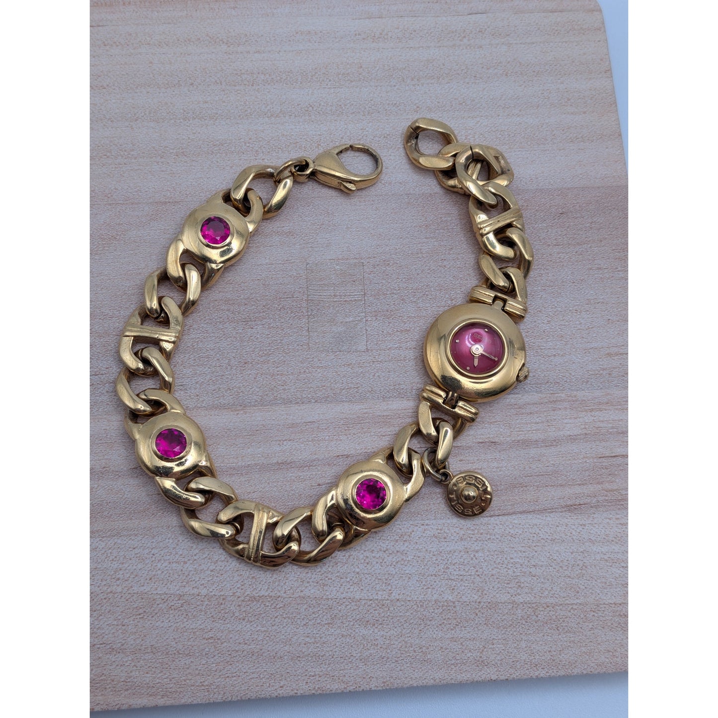 Vintage Seiko Tisse Gold Tone Cuban Link Watch with Pink Stones