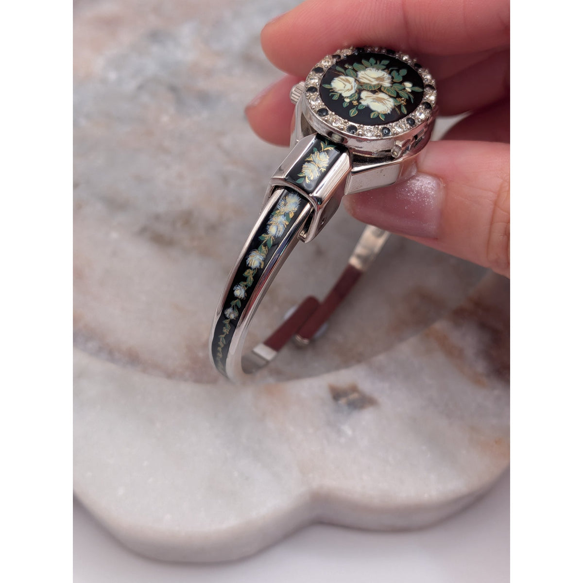 Andre Mouche Silver Tone Bangle Peekaboo Watch Black Enamel White Roses & Stones