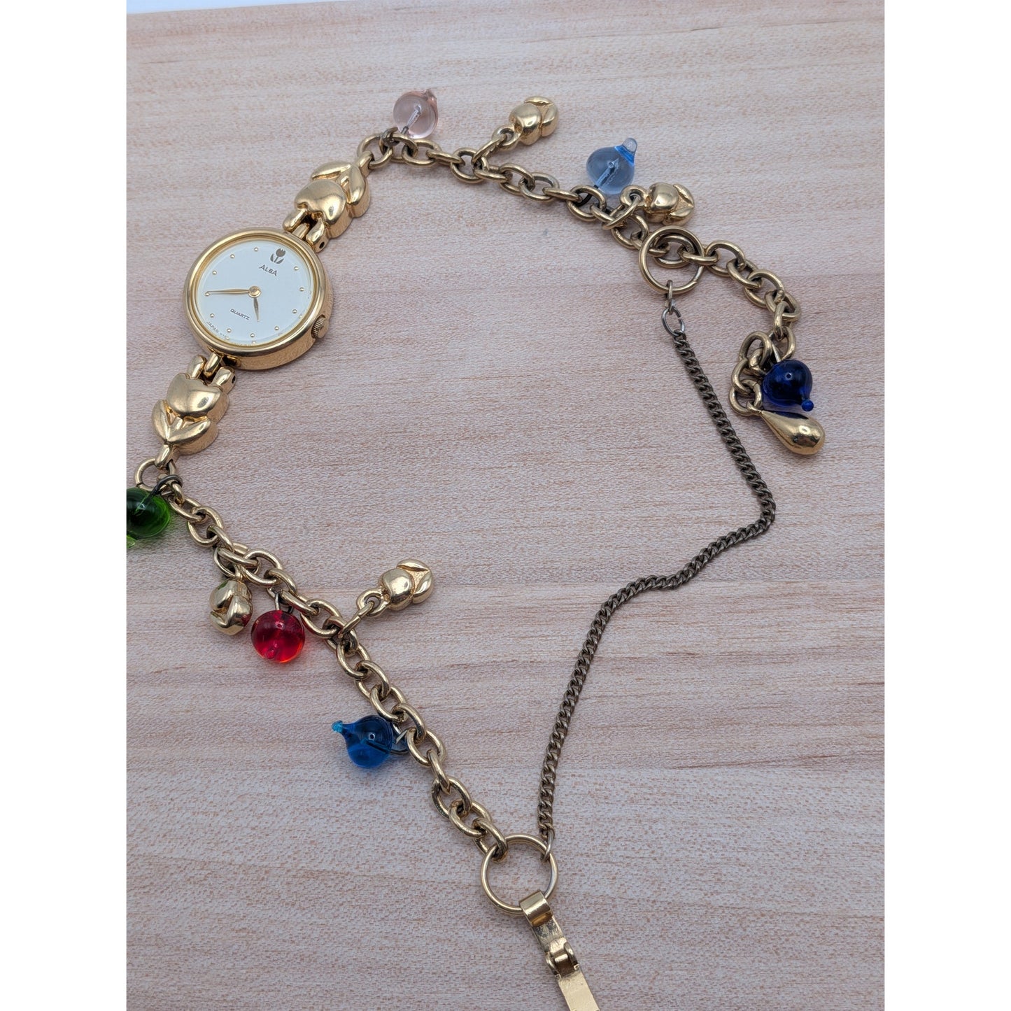 Vintage Modified Seiko Alba Gold Watch Flowers & Glass Drop Beads Charms