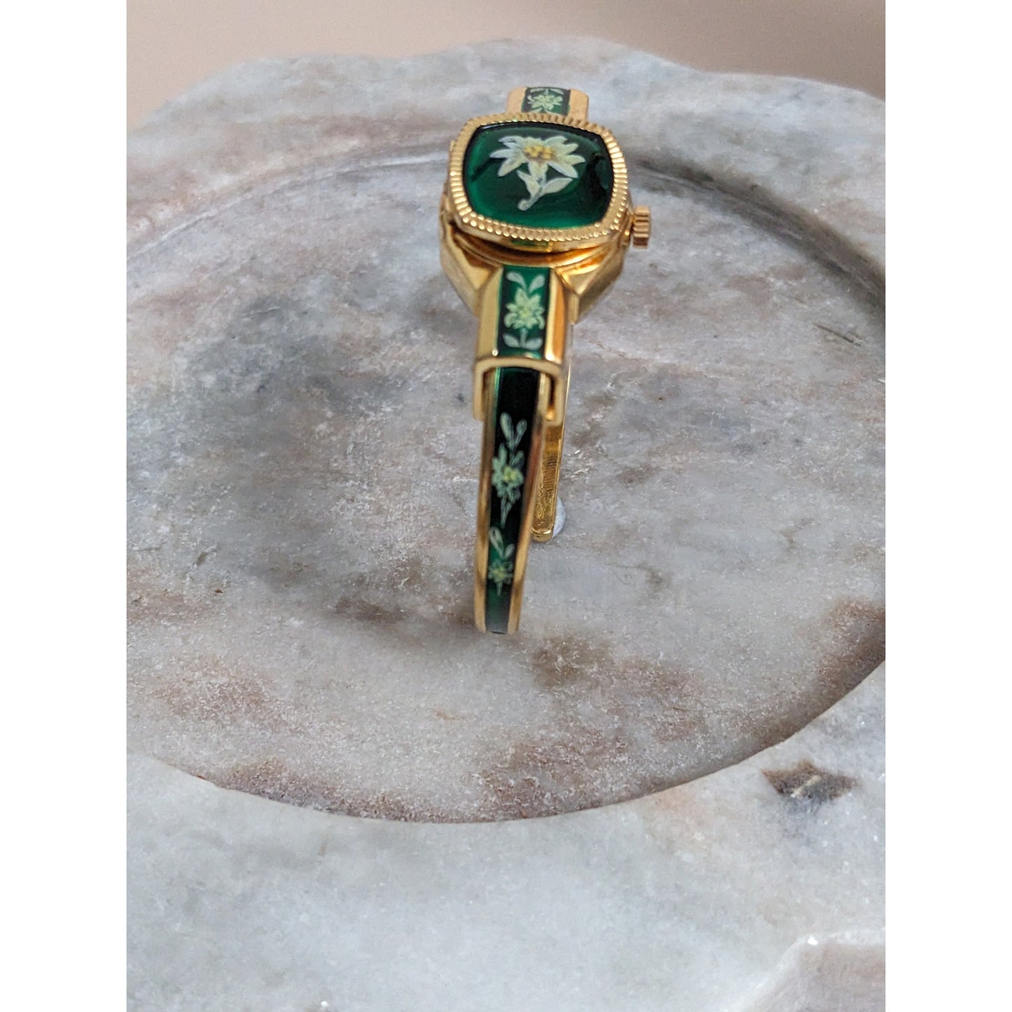 Vintage Andre Mouche Silver Tone Bangle Watch with Blue Floral Enamel Working