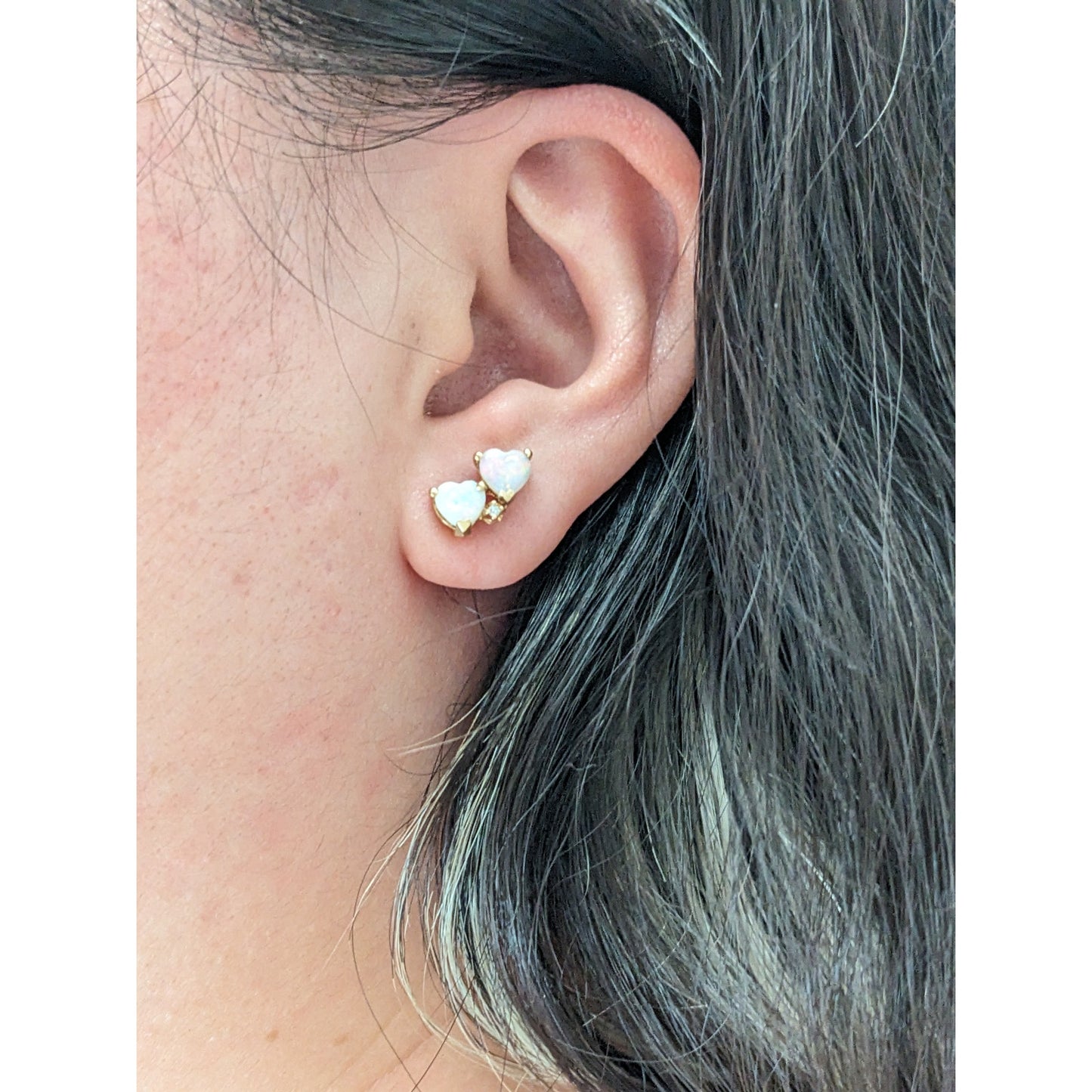 Vintage 14k Yellow Gold Double Opal Hears Stud Earrings
