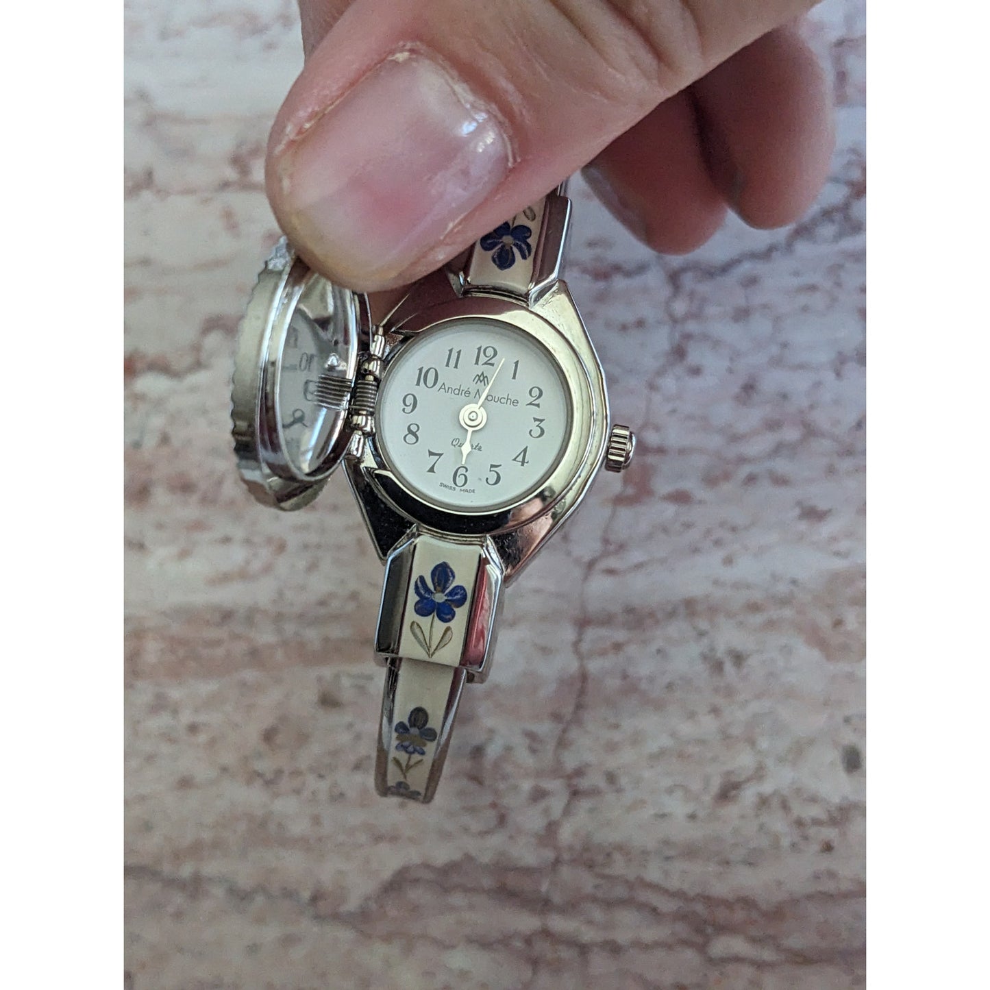 Vintage Andre Mouche Silver Tone Bangle Watch White Enamel Blue Florals