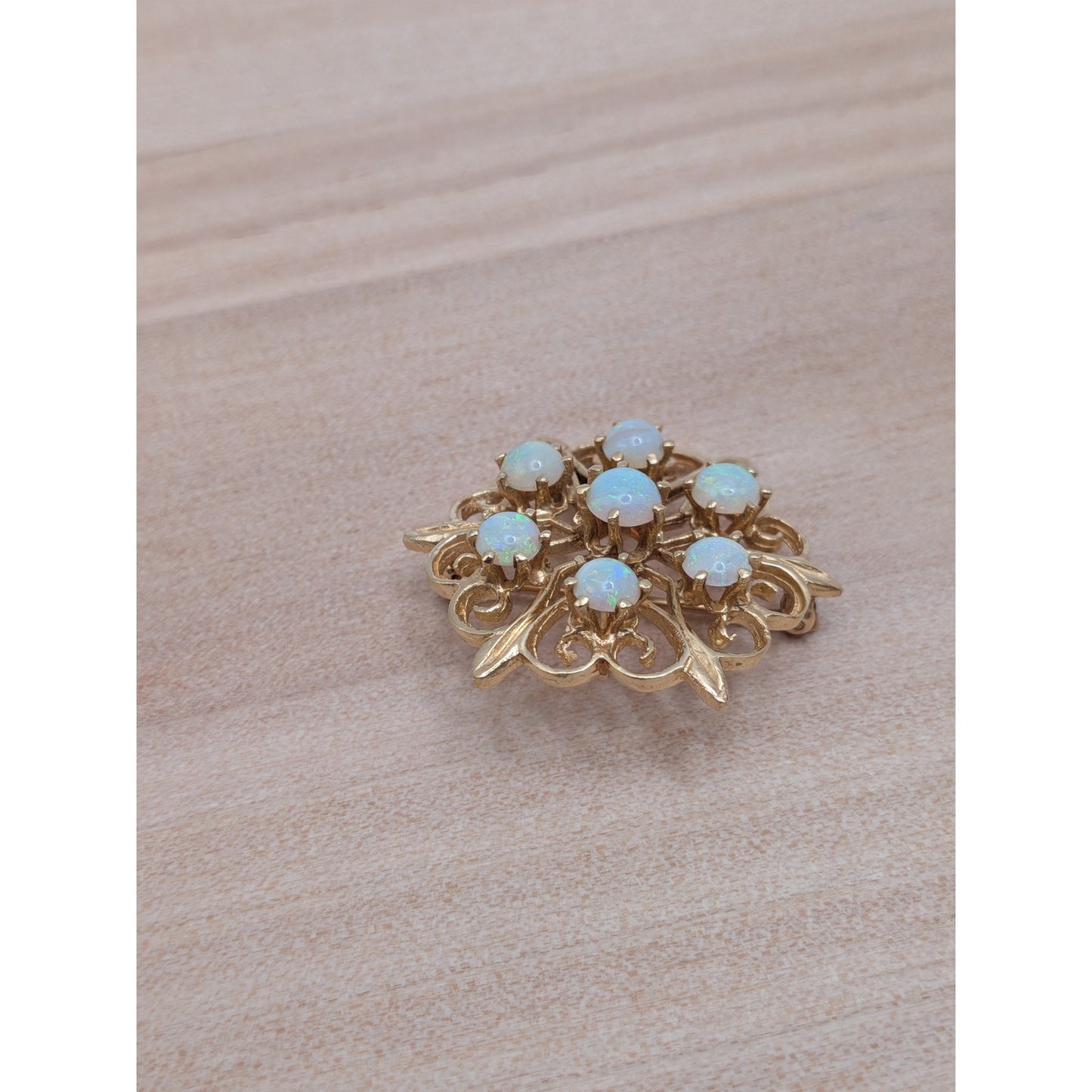 Vintage 14k Yellow Gold Cluster of Opals Flower Brooch or Pendant