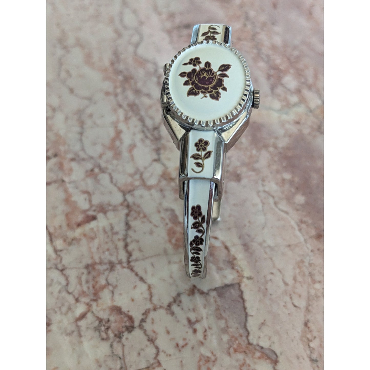 Vintage Andre Mouche Silver Tone Bangle Watch White Enamel Deep Red Flowers