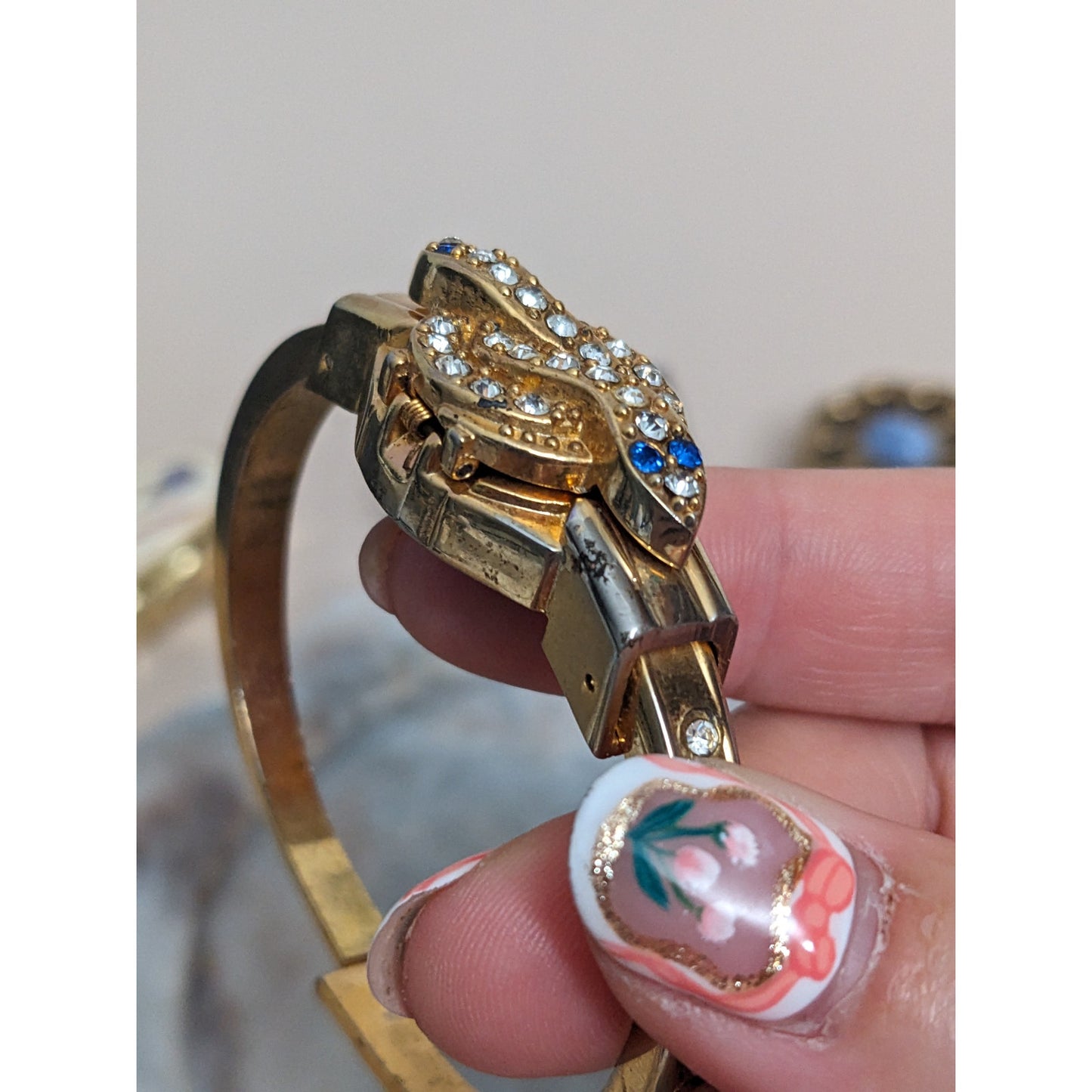 Vintage Andre Mouche Silver Tone Bangle Watch with Blue Floral Enamel Working