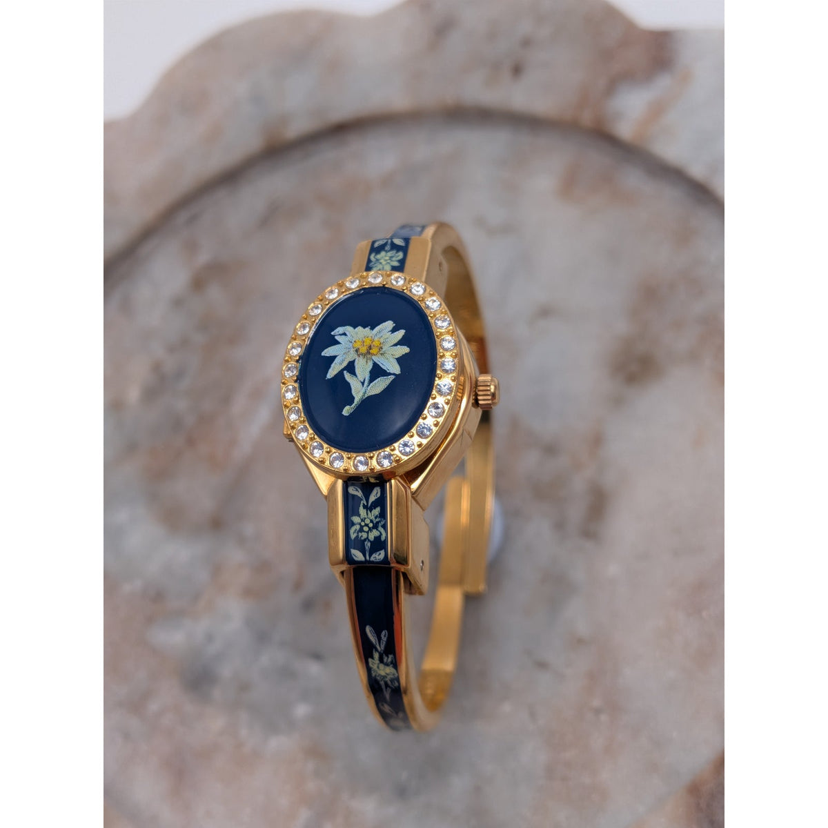 FLAW Vintage Andre Mouche Gold Tone Peekaboo Watch Blue Enamel and Flower Accent