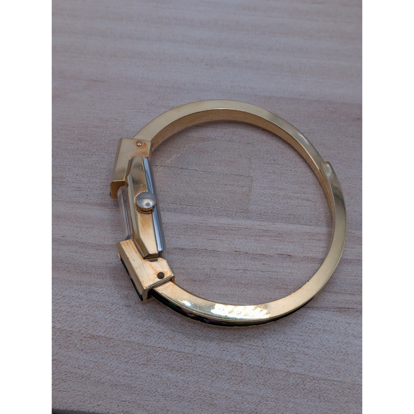 Vintage Itraco Gold Tone Dainty Bangle Watch Black Enamel Pink Purple Flowers