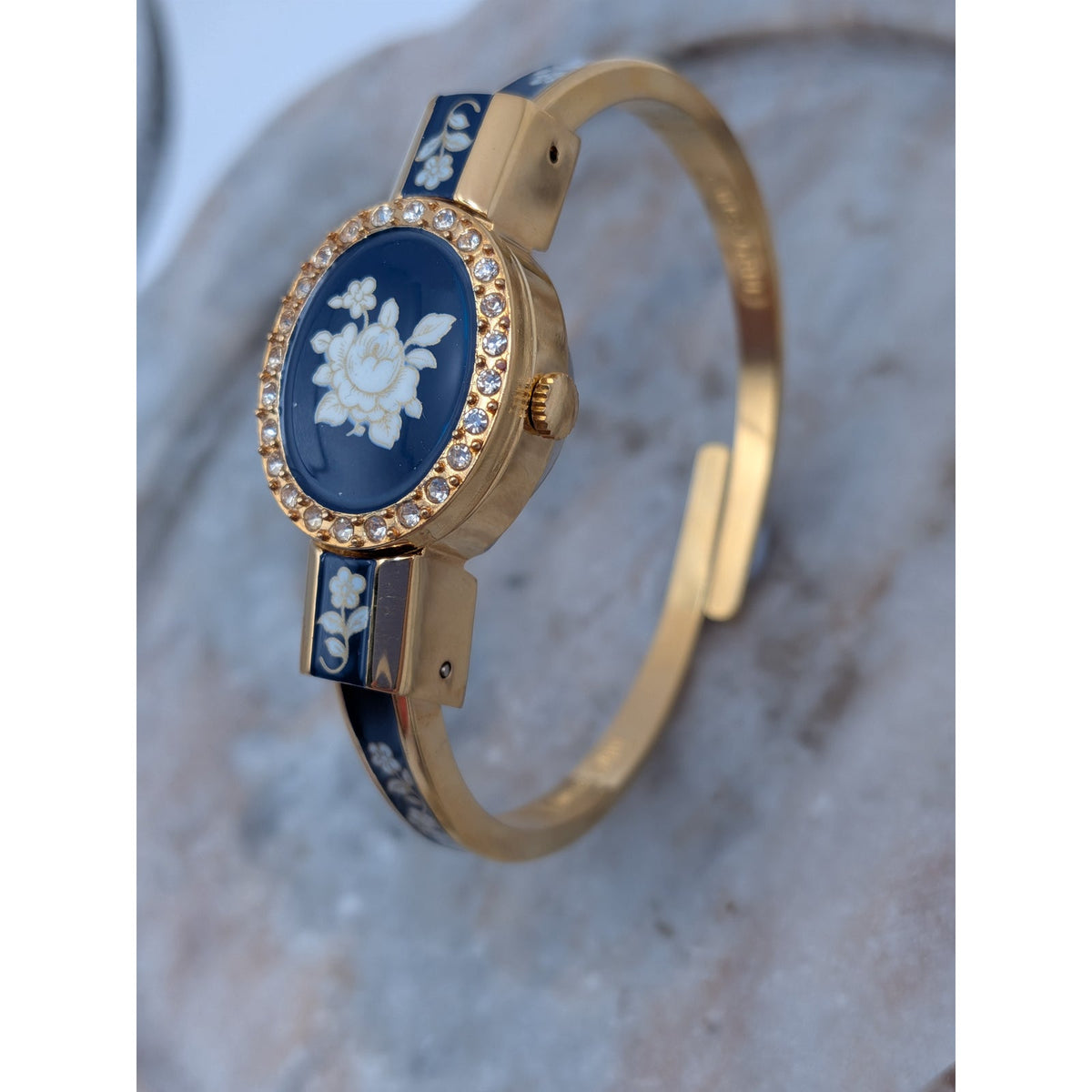 Vintage Andre Mouche Gold Tone Peekaboo Watch Blue Enamel White Flowers & Stones