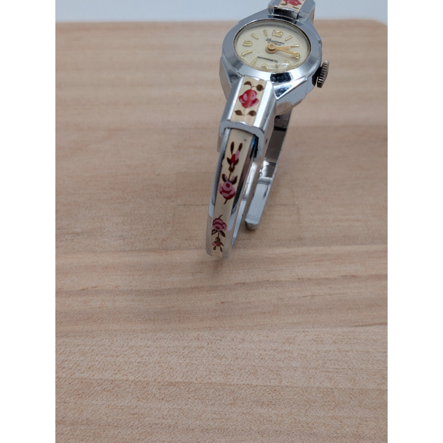 Vintage Lucerne Silver Tone Bangle Watch White Enamel Red Flowers
